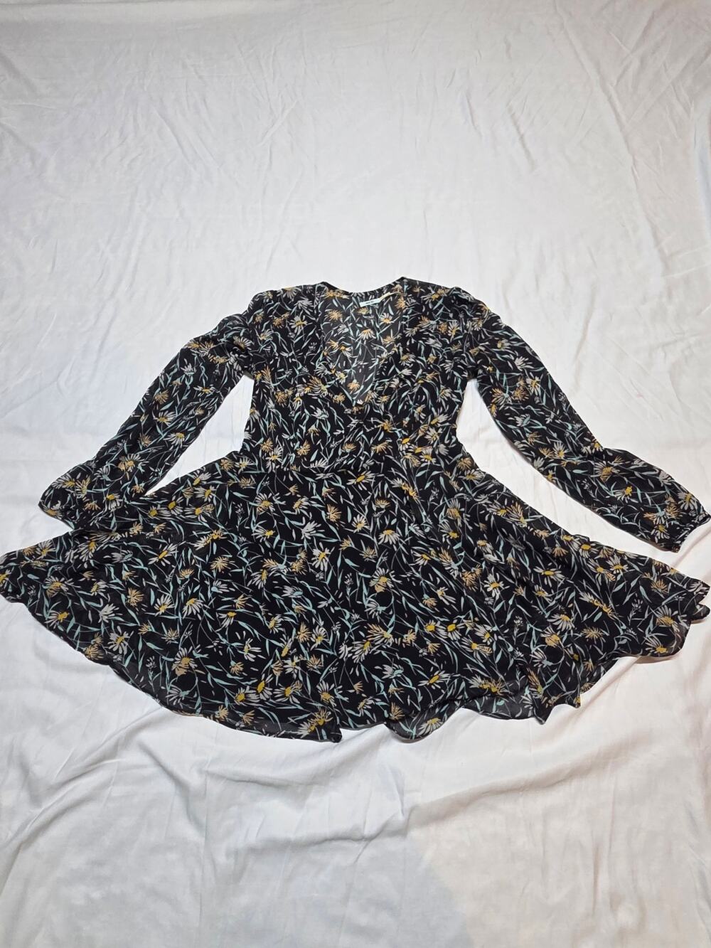 Kimchi Blue Black Floral V-Neck Skater Dress with Mint and Yellow Accents